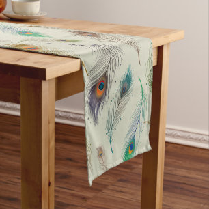 Colourful Realistic Peacock Feather Pattern Short Table Runner
