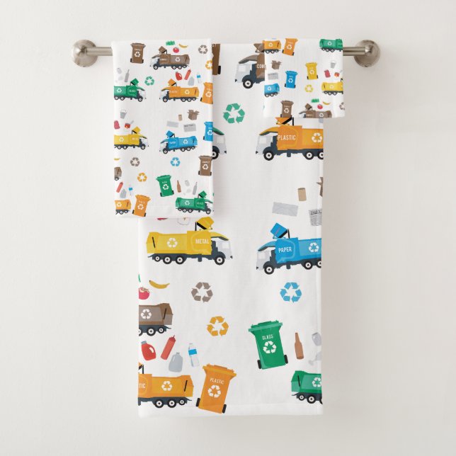 Colourful Recycling Garbage Trucks & Bins Bath Towel Set (Insitu)