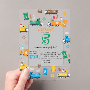 Colourful Recycling Garbage Trucks & Bins Birthday Acrylic Invitations