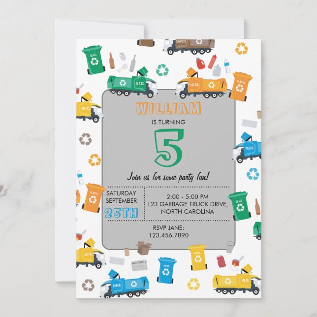 Colourful Recycling Garbage Trucks & Bins Birthday Invitation (Front)