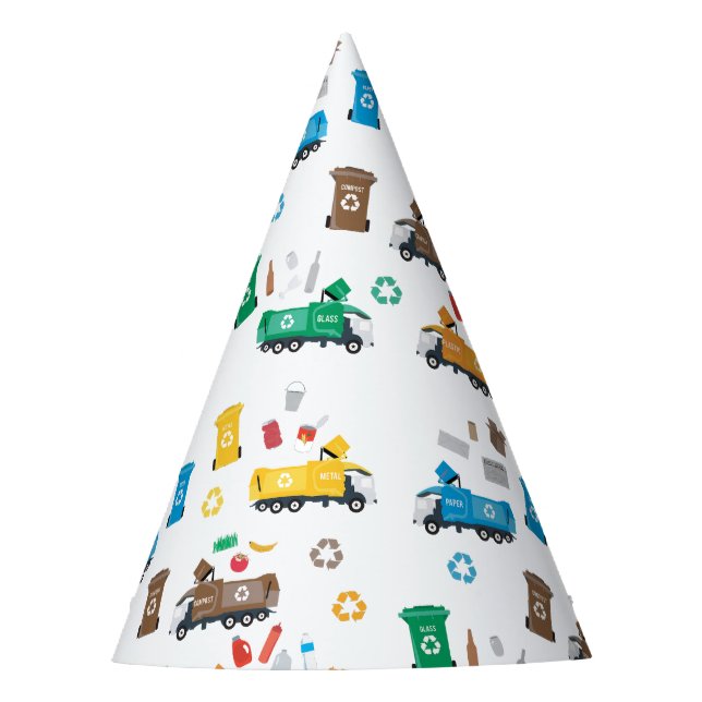 Colourful Recycling Garbage Trucks & Bins Party Hat (Front)
