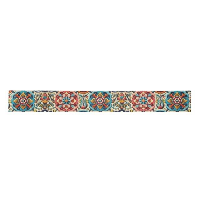 Colourful Red, Blue and Yellow Tiles Satin Ribbon (Front)