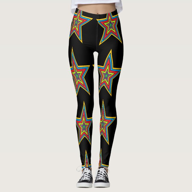 Colourful Red, Blue, Black Star Abstract Leggings (Front)