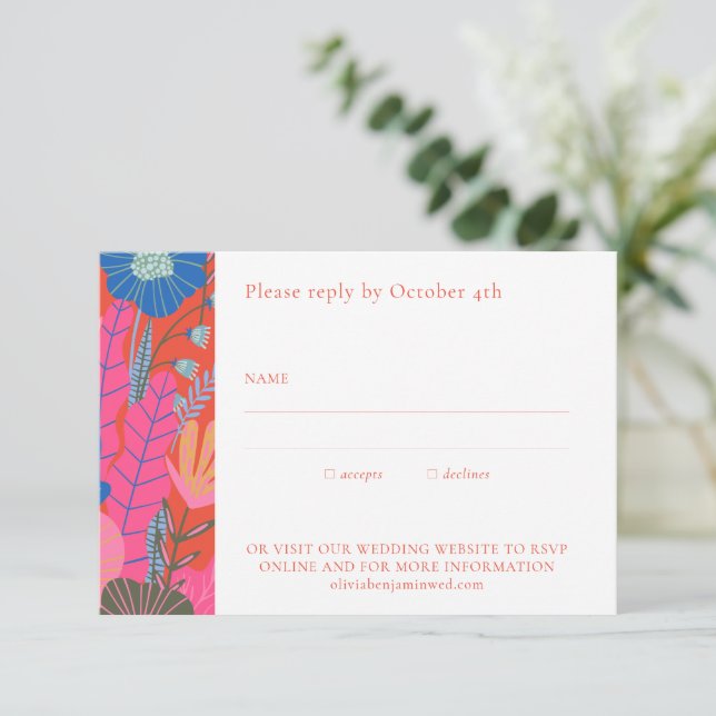 Colourful Red Boho Floral Simple Modern Wedding RSVP Card (Standing Front)