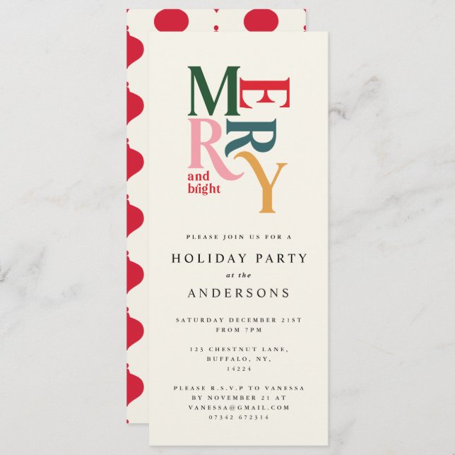 Colourful red Christmas holiday party invite (Front/Back)