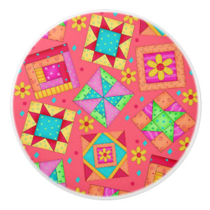 Colourful Red Coral Quilt Patchwork Block Art Ceramic Knob