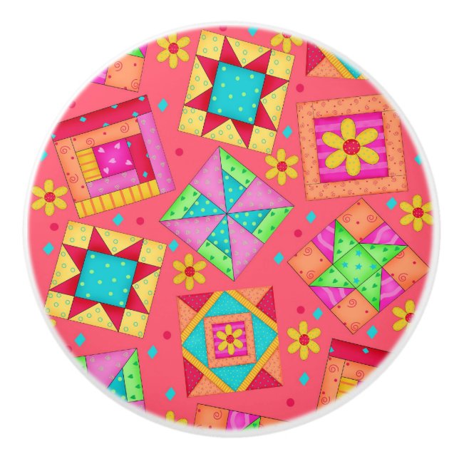 Colourful Red Coral Quilt Patchwork Block Art Ceramic Knob (Front)