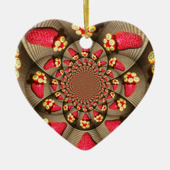 Colourful Red Delight: Strawberry Kaleidoscope Art Ceramic Tree Decoration (Front)