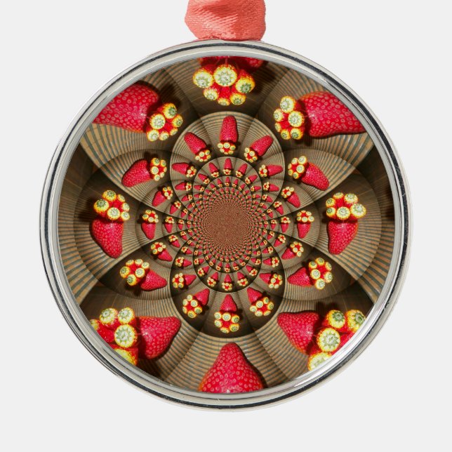 Colourful Red Delight: Strawberry Kaleidoscope Art Metal Tree Decoration (Front)