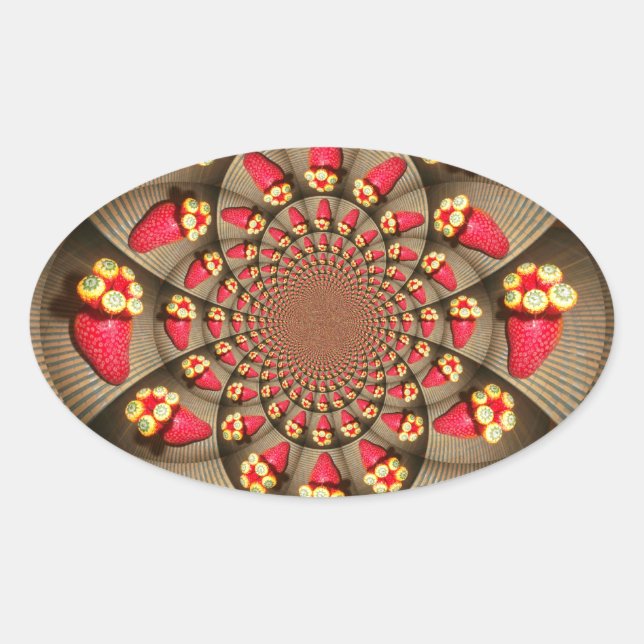 Colourful Red Delight: Strawberry Kaleidoscope Art Oval Sticker (Front)