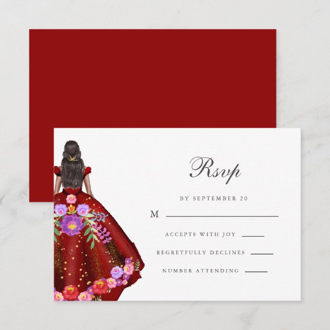 Colourful Red Fiesta Floral Calligraphy Quinceaner RSVP Card (Front/Back)