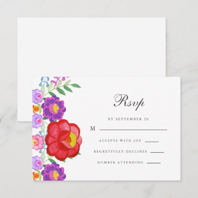 Colourful Red Fiesta Floral Calligraphy Quinceaner RSVP Card (Front/Back)