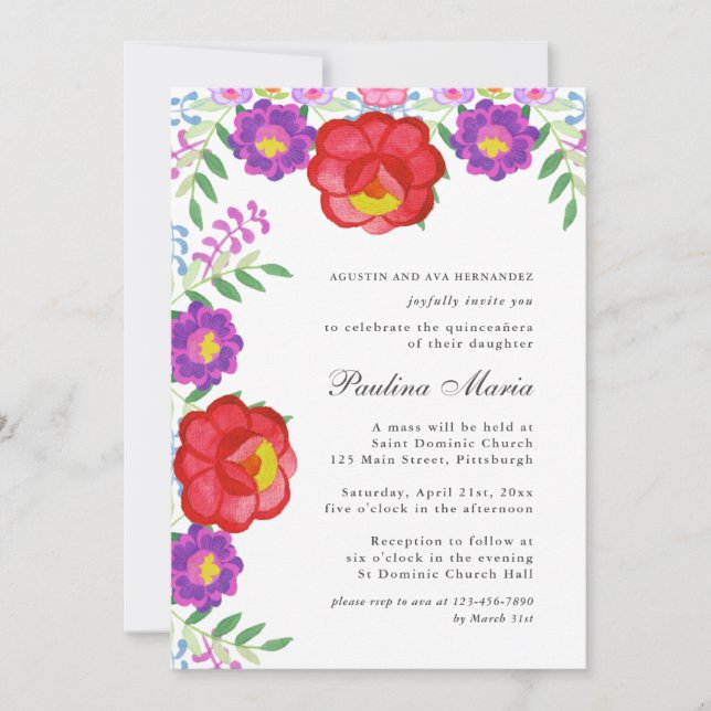 Colourful Red Fiesta Floral Quinceañera Photo Invitation (Front)