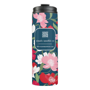 Colourful Red Floral Business QR Code Blue Thermal Tumbler