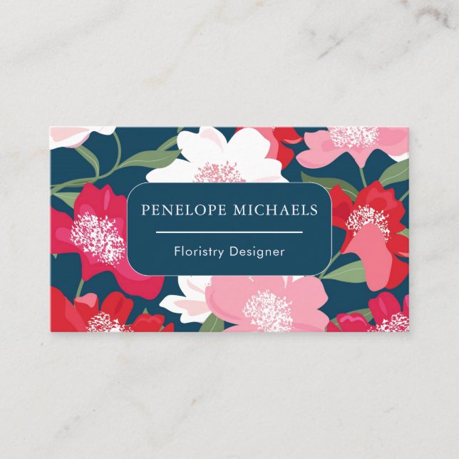 Colourful Red Floral Pattern Blue Business Card (Front)
