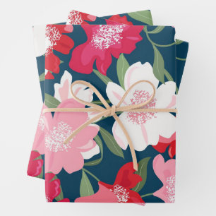 Colourful Red Floral Pattern Blue Wrapping Paper Sheet