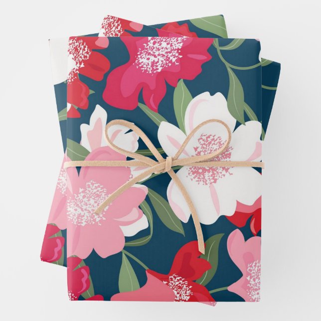 Colourful Red Floral Pattern Blue Wrapping Paper Sheet (In situ)