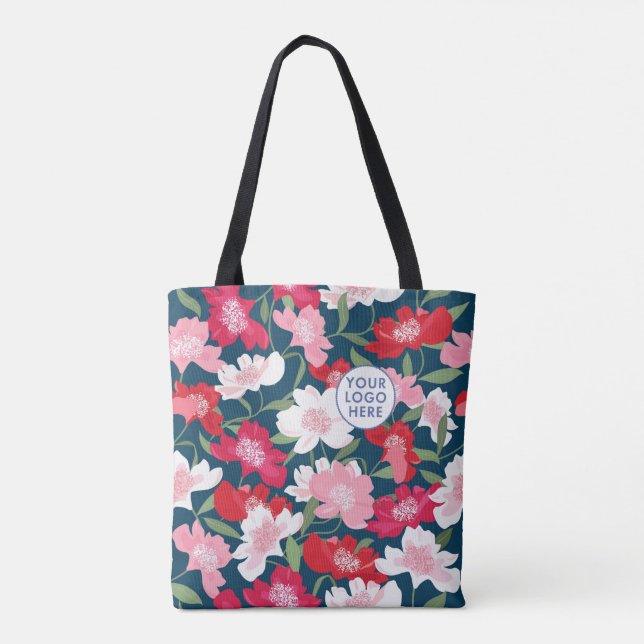Colourful Red Floral Pattern Business Logo Company Tote Bag (Back)