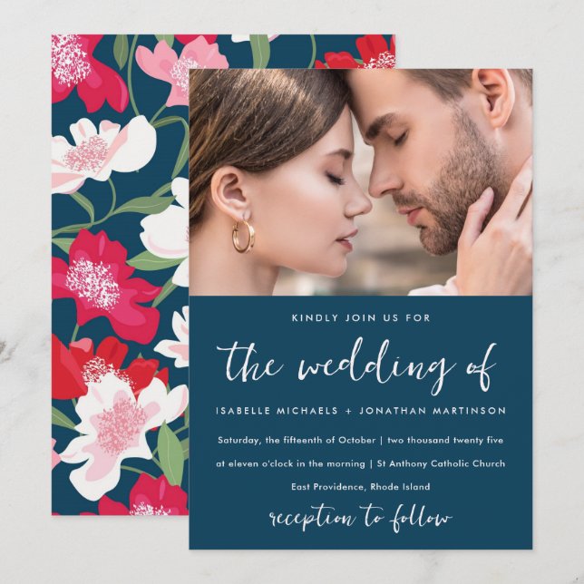 Colourful Red Floral Pattern Photo Wedding Blue Invitation (Front/Back)