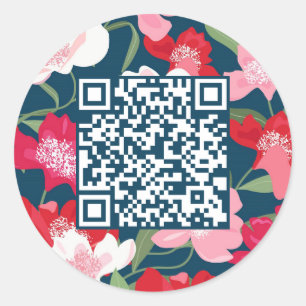 Colourful Red Floral QR Code Blue Classic Round Sticker