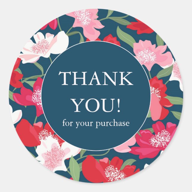 Colourful Red Floral Shop Business Thank You Blue Classic Round Sticker (Front)