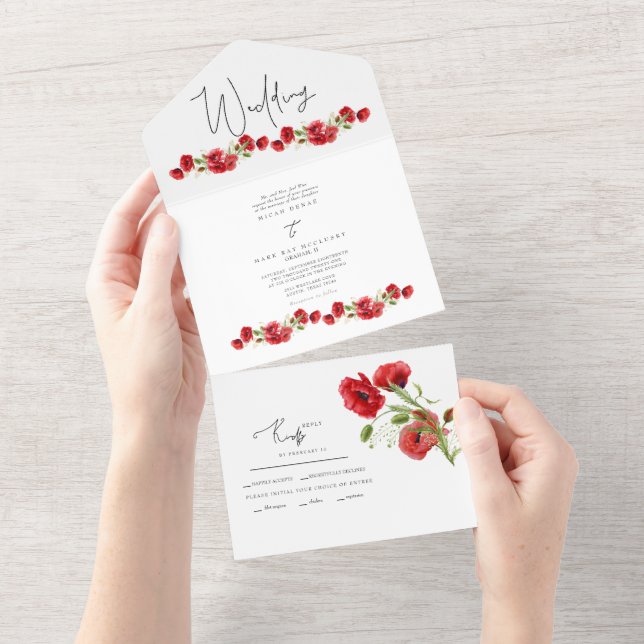 Colourful Red Floral Winter Wedding  All In One In All In One Invitation (Tearaway)