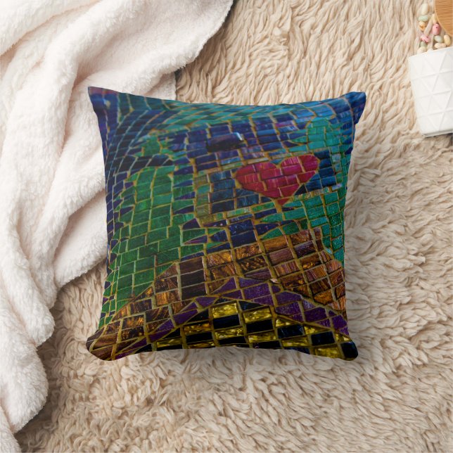 Colourful Red Heart Mosaic Cushion (Blanket)