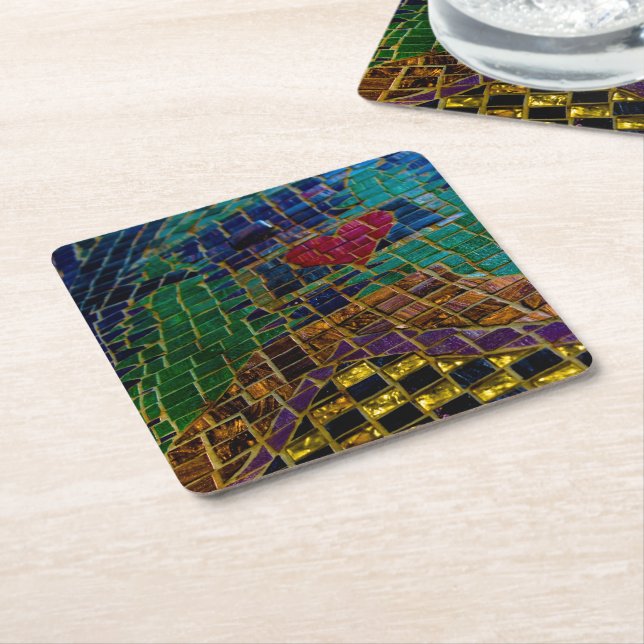 Colourful Red Heart Mosaic Square Paper Coaster (Angled)