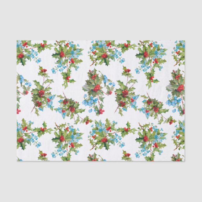 Colourful Red Holly and Blue Forget Me Nots Tissue Paper (Front)