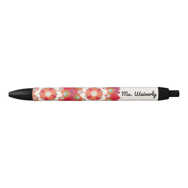Colourful Red Lotus Floral Flower Personalised Nam Black Ink Pen (Front)