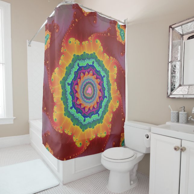 Colourful Red, Orange and Green Fractal Shower Curtain (In Situ)