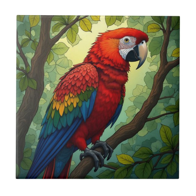 Colourful Red Parrot Art Home Decor Ceramic Tile (Front)