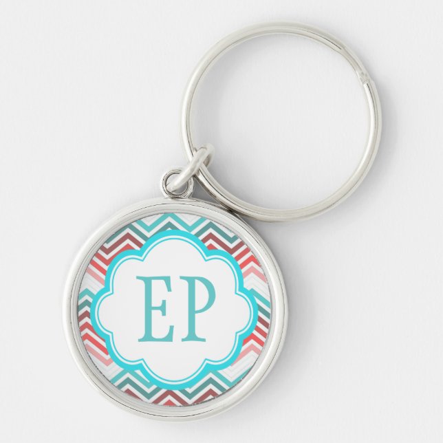 Colourful red, pink, blue, teal chevron zigzag key ring (Front)