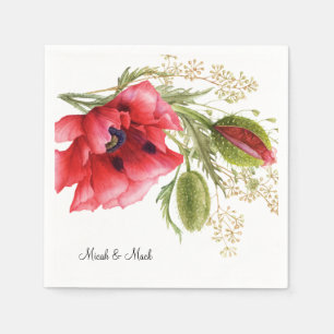 Colourful Red Poppy Custom Name Wedding Cocktail Napkin