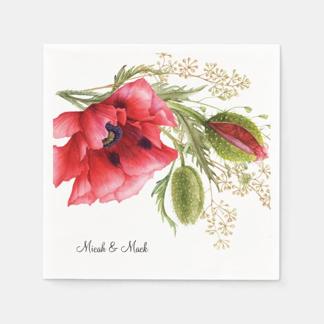 Colourful Red Poppy Custom Name Wedding Cocktail Napkin (Front)