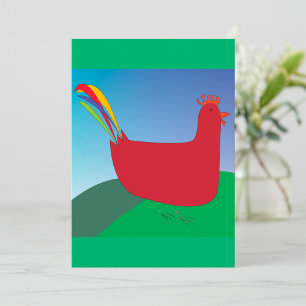 Colourful Red Rooster with Rainbow Tail on Hill  Invitation