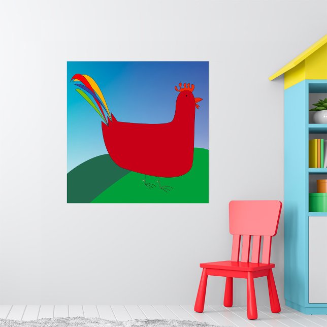 Colourful Red Rooster with Rainbow Tail on Hill  Poster (Creator Uploaded)