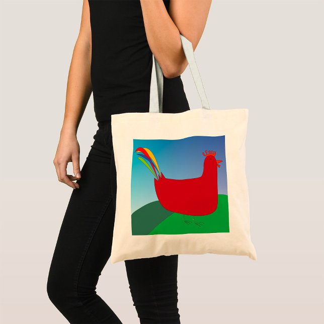 Colourful Red Rooster with Rainbow Tail on Hill  Tote Bag (Creator Uploaded)