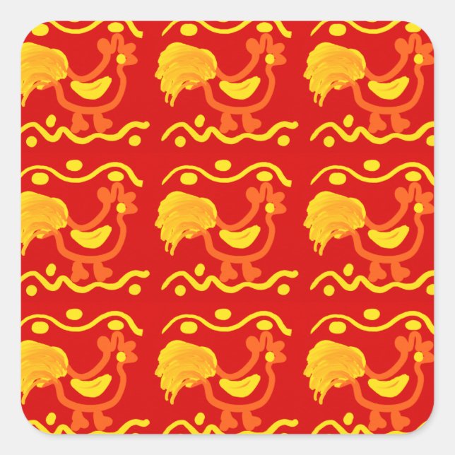 Colourful Red Yellow Orange Rooster Chicken Design Square Sticker (Front)