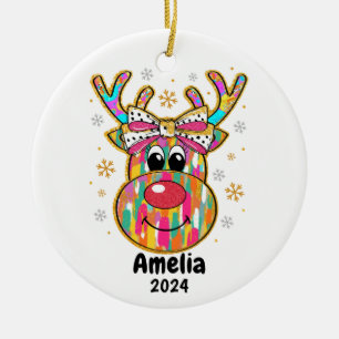 Colourful Reindeer Coquette Bow  Christmas Ornamen Ceramic Tree Decoration