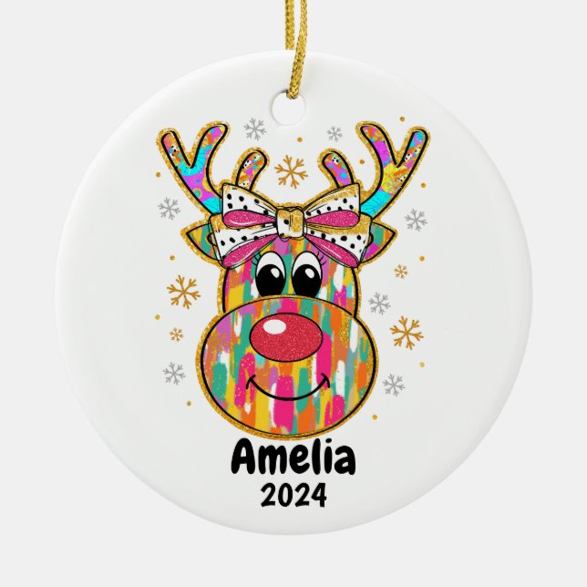 Colourful Reindeer Coquette Bow  Christmas Ornamen Ceramic Tree Decoration (Front)
