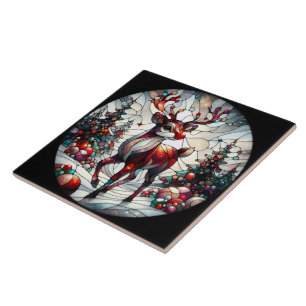 Colourful reindeer in a whimsical winter forest tile