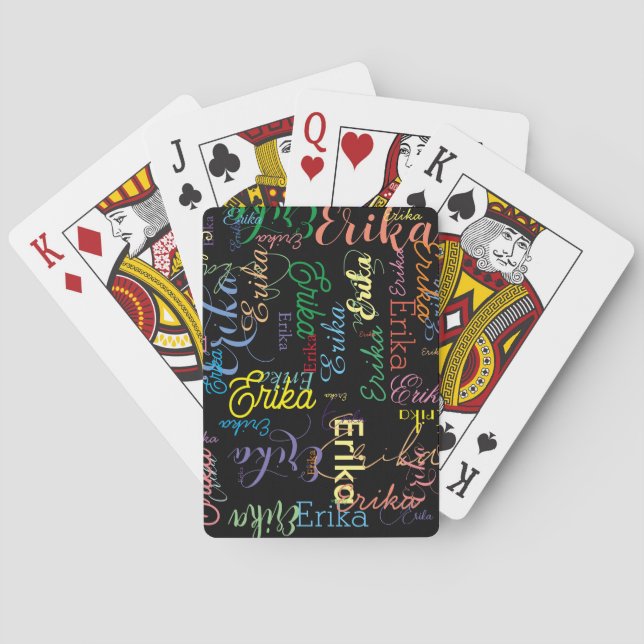 Colourful Repeating Girly Calligraphy Names Black Playing Cards (Back)