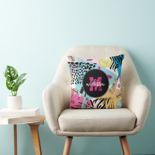 Colourful Retro 1990's Nineties Pattern Monogram Cushion