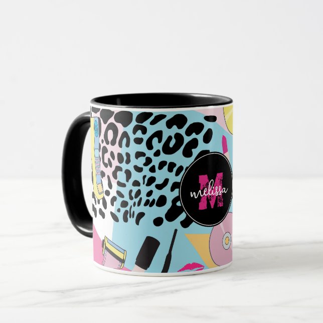 Colourful Retro 1990's Nineties Pattern Monogram Mug (Front Left)