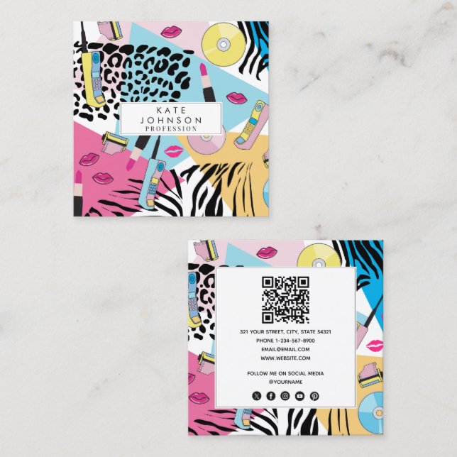 Colourful Retro 1990s Nineties QR Code Social Medi Square Business Card (Front/Back)
