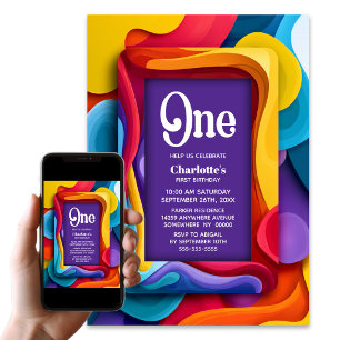 Colourful Retro 1st Birthday Party Invitation