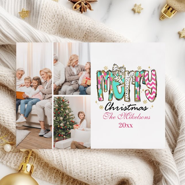 Colourful Retro 3 Photo  Merry Christmas Holiday Card (Creator Uploaded)