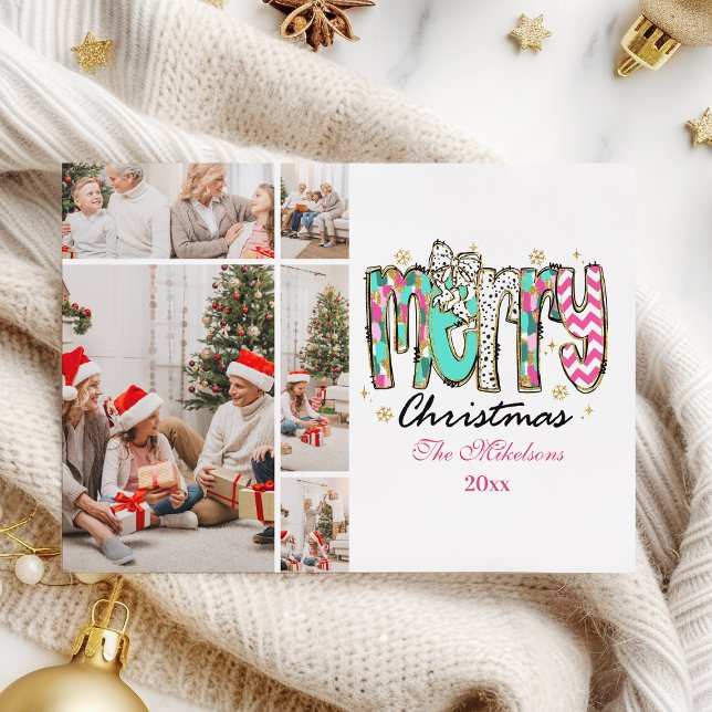 Colourful Retro 5 Photo  Merry Christmas Holiday Card (Creator Uploaded)