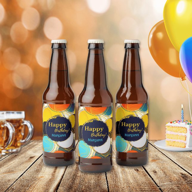 Colourful Retro 70s Happy Birthday Personalise Nam Beer Bottle Label (Creator Uploaded)